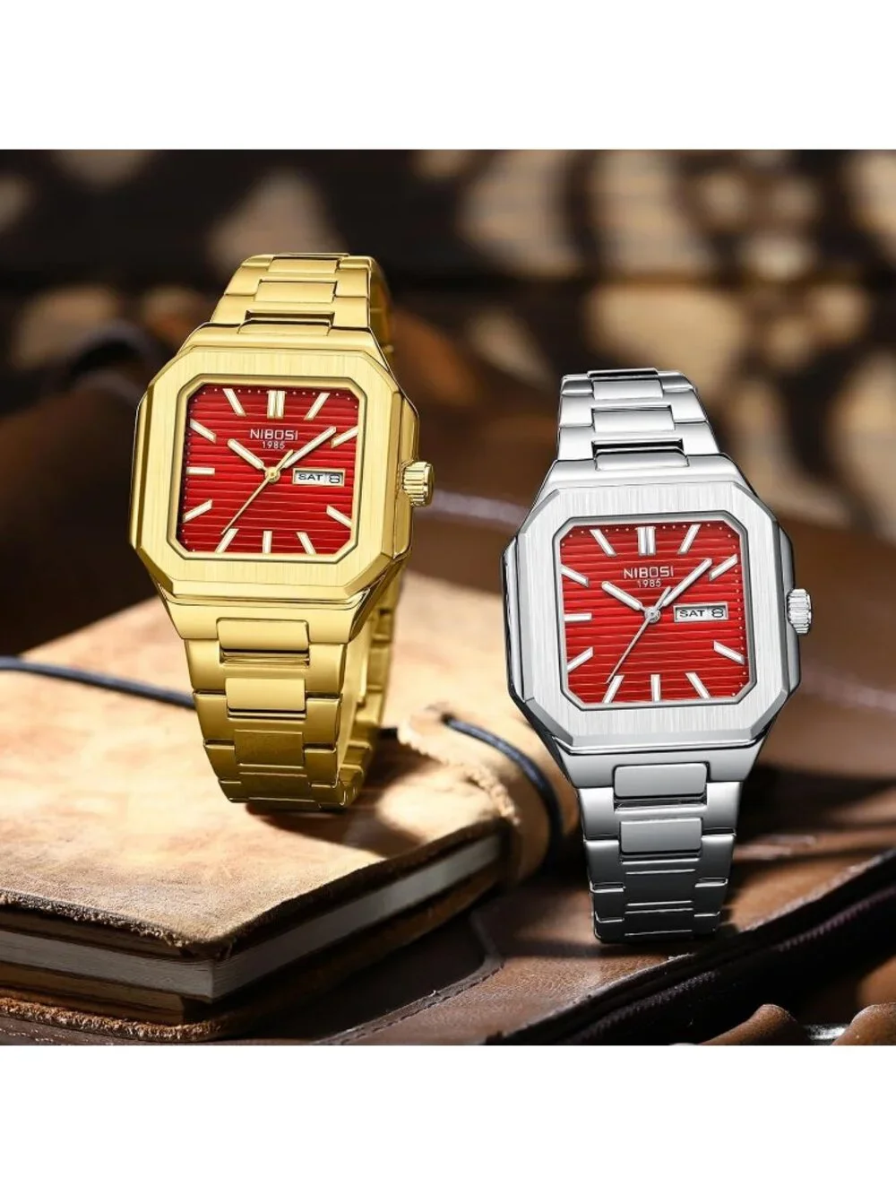 Men's Silver Red Square Analog Quartz Stainless Steel  Waterproof Wrist Watch